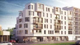Perspective extérieure 3D d'architecte pour un projet de promotion immobilière Autre proposition pour un visuel d’illustration de perspective extérieure 3D pour la promotion immobilière avec insertion dans une zone commerciale