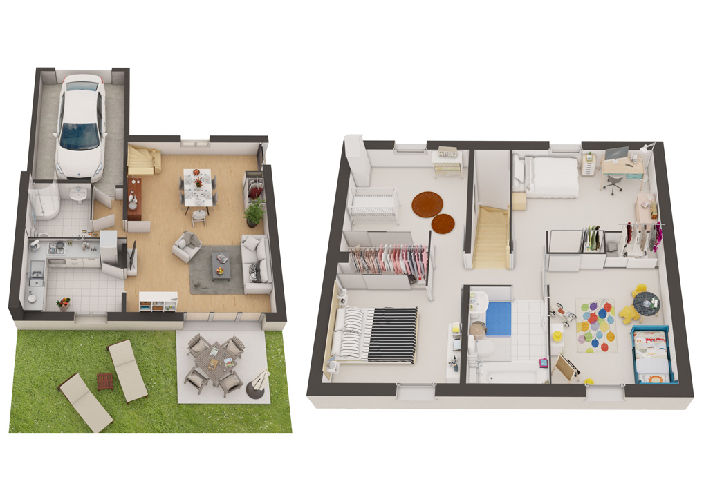 Visuel d'Illustration 3D de plan de vente de maison rdc et étage