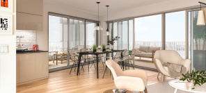 Visuel 3D de perspective intérieure d’appartement avec balcon terrasse