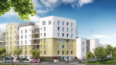 Scène illustration 3D collectif Scène d’illustration 3D d’une vue globale d’un projet immobilier R+6 destiné à sa communication et la commercialisation