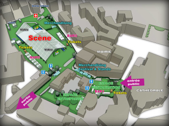 Illustration de plan 3D d'orientation Illustration 3D d’un plan d’orientation pour un festival dans un centre ville