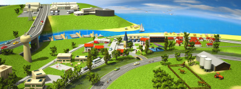 Visuel typé cartoon 3D d'Illustration Illustration 3D type cartoon d’un paysage vu de haut, façon maquette réalisé pour une région