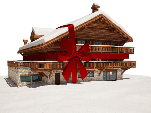 Illustration 3D de chalet pour un visuel de publicité Illustration 3D humoristique d’une maison avec un nœud de paquet cadeau