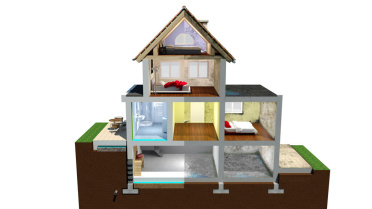Visuel d’Illustration 3D en coupe d’une maison en deux parties pour explications techniques d’étanchéité