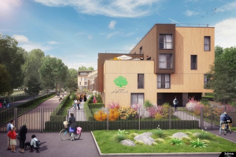 Visuel d’illustration de perspective 3D extérieure côté rue pour la promotion immobilière de bâtiments à usage de logement adaptés aux seniors