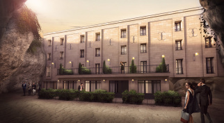 Visuel d’illustration 3D de perspective extérieure pour la promotion d’un projet immobilier d’hotel de standing au cœur d’un vignoble