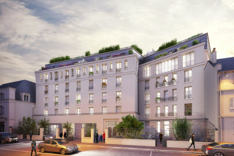 illustration 3D de Projet de réhabilitation de bâtiment à Versailles Image de perspective 3D de projet immobilier de réhabilitation d’un batiment public à Versailles avec un éclairage de fin de journée